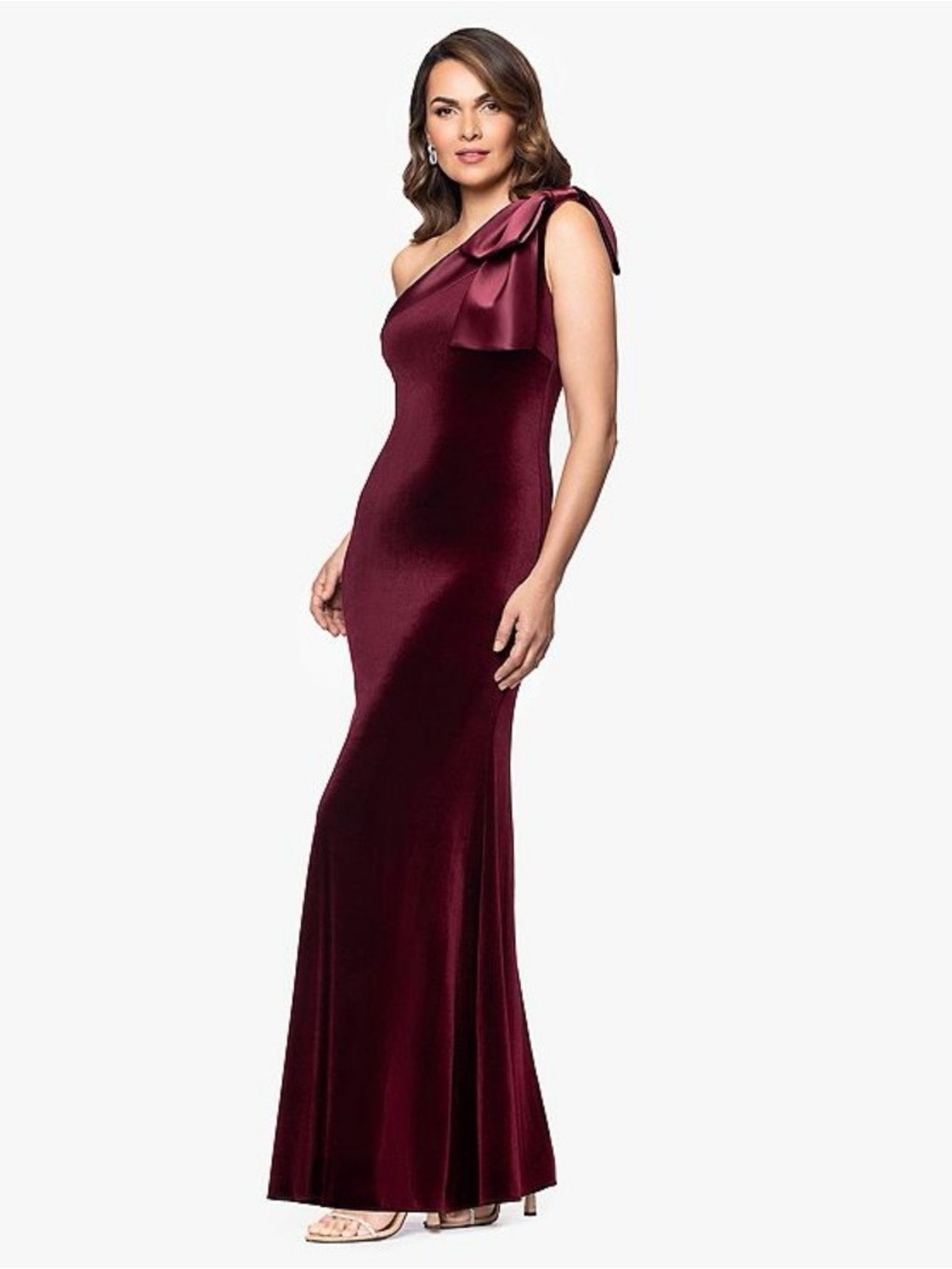BA Nites One Shoulder Bow Velvet Evening Gown- Burgundy. Size 16. NWT - Picture 3 of 6